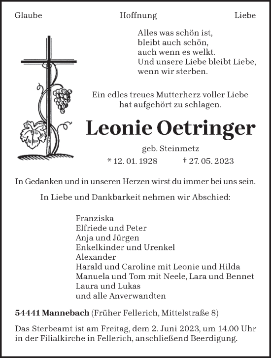 Traueranzeige von Leonie Oetringer von trierischer_volksfreund