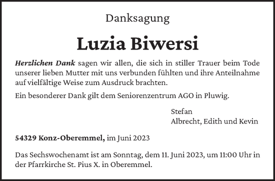 Traueranzeige von Luzia Biwersi von trierischer_volksfreund