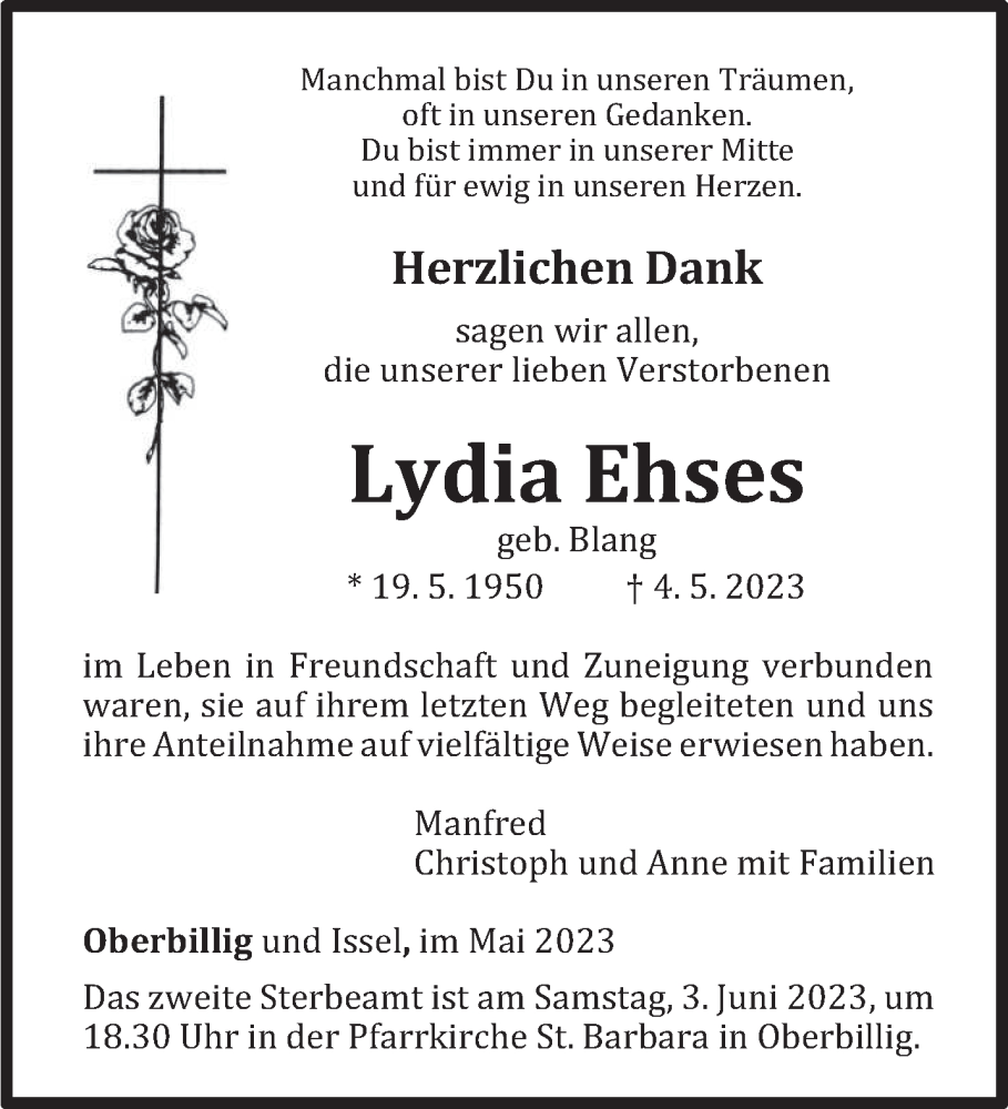  Traueranzeige für Lydia Ehses vom 31.05.2023 aus trierischer_volksfreund