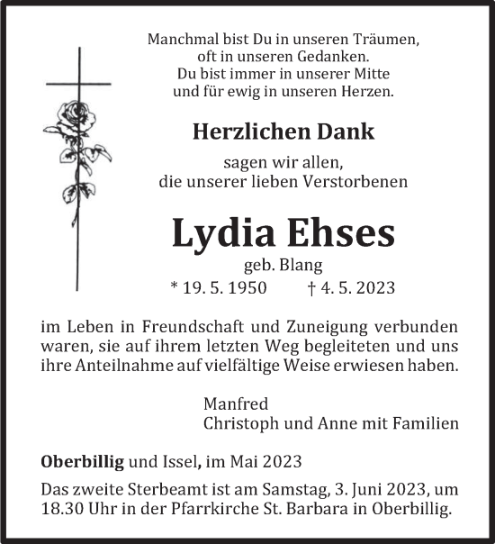 Traueranzeige von Lydia Ehses von trierischer_volksfreund