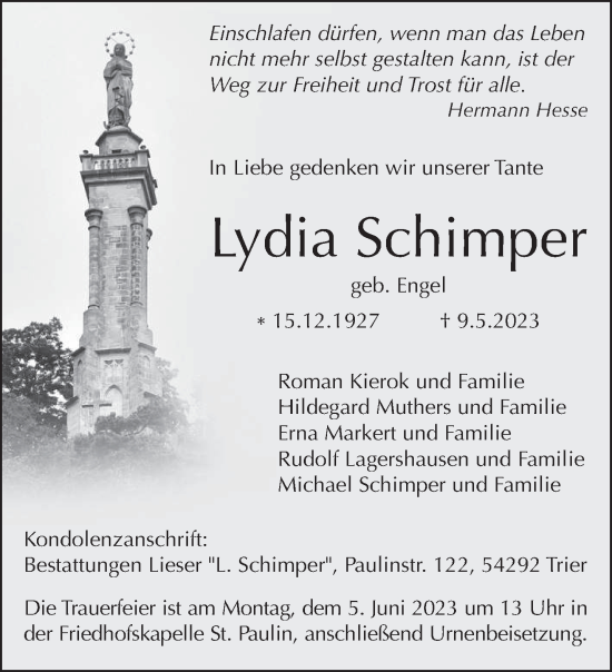Traueranzeige von Lydia Schimper von trierischer_volksfreund