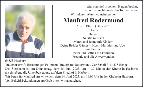 Traueranzeige von Manfred Rodermund von trierischer_volksfreund