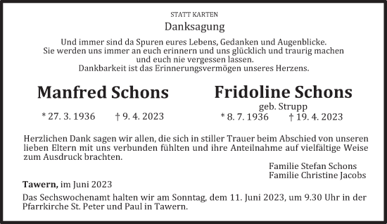 Traueranzeige von Manfred und Fridoline Schons von trierischer_volksfreund