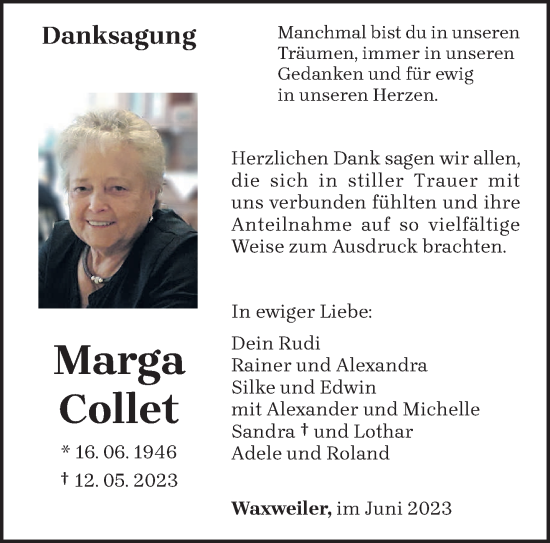 Traueranzeige von Marga Collet von trierischer_volksfreund