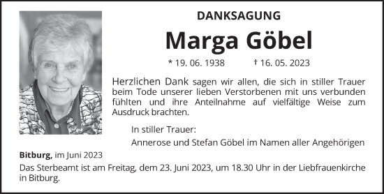 Traueranzeige von Marga Göbel von trierischer_volksfreund