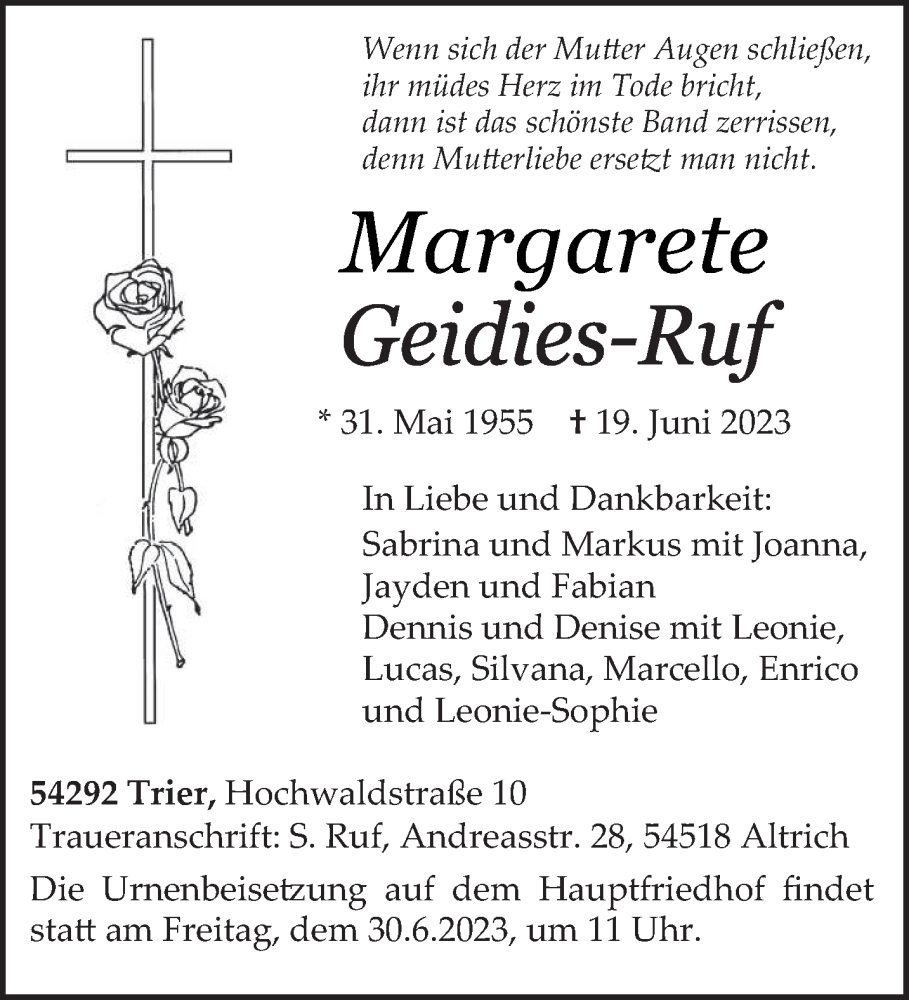  Traueranzeige für Margarete Geidies-Ruf vom 24.06.2023 aus trierischer_volksfreund
