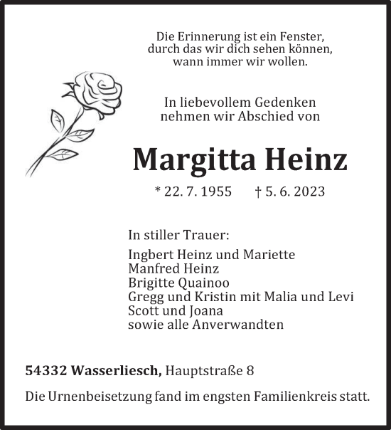 Traueranzeige von Margitta Heinz von trierischer_volksfreund