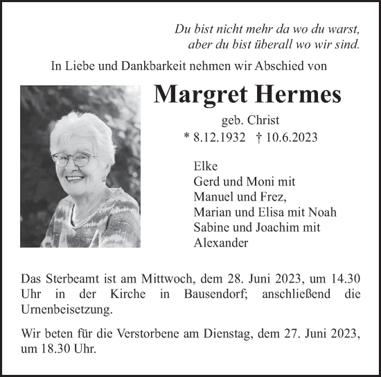 Traueranzeige von Margret Hermes von trierischer_volksfreund
