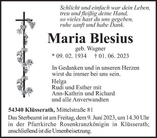 Traueranzeige von Maria Blesius von trierischer_volksfreund