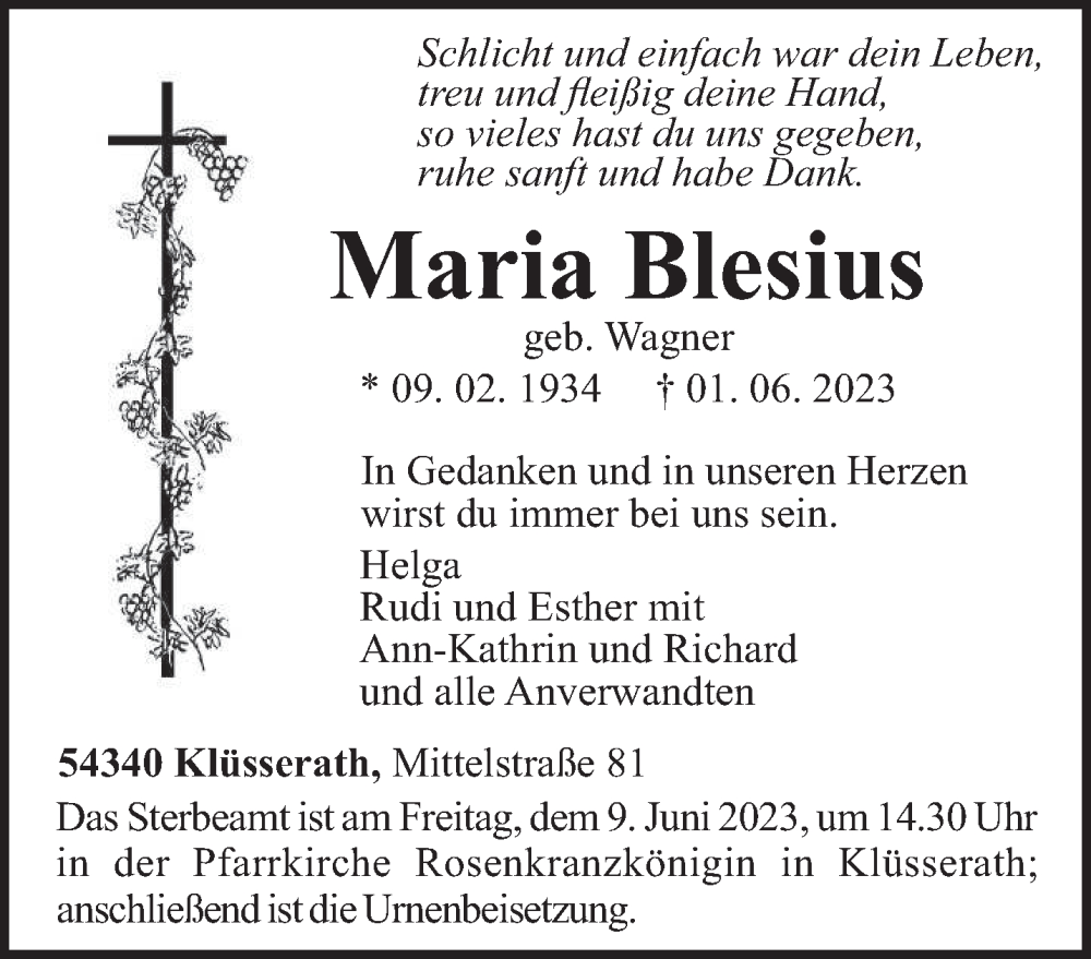  Traueranzeige für Maria Blesius vom 06.06.2023 aus trierischer_volksfreund