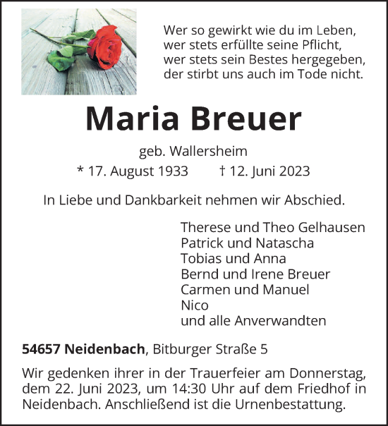 Traueranzeige von Maria Breuer von trierischer_volksfreund