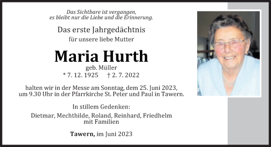 Traueranzeige von Maria Hurth von trierischer_volksfreund