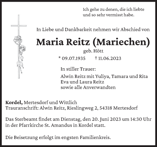 Traueranzeige von Maria Reitz von trierischer_volksfreund