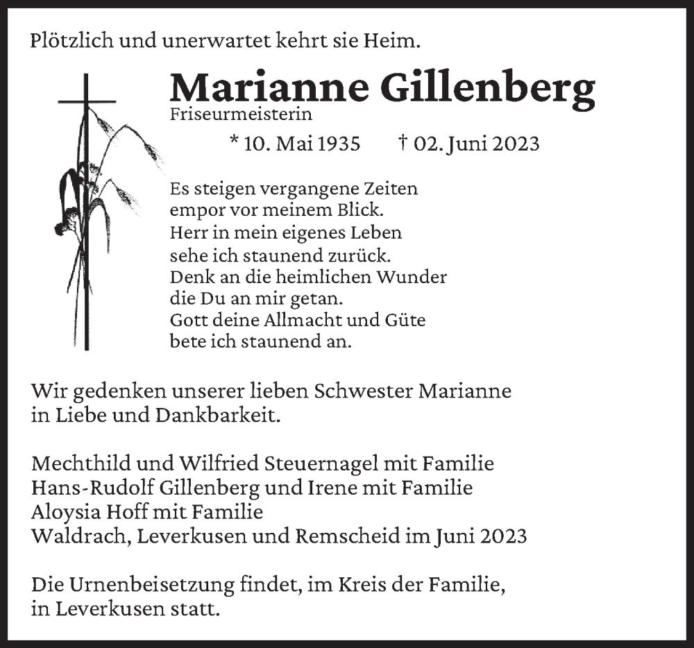  Traueranzeige für Marianne Gillenberg vom 10.06.2023 aus trierischer_volksfreund