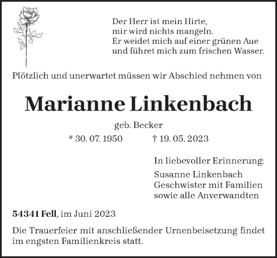 Traueranzeige von Marianne Linkenbach von trierischer_volksfreund
