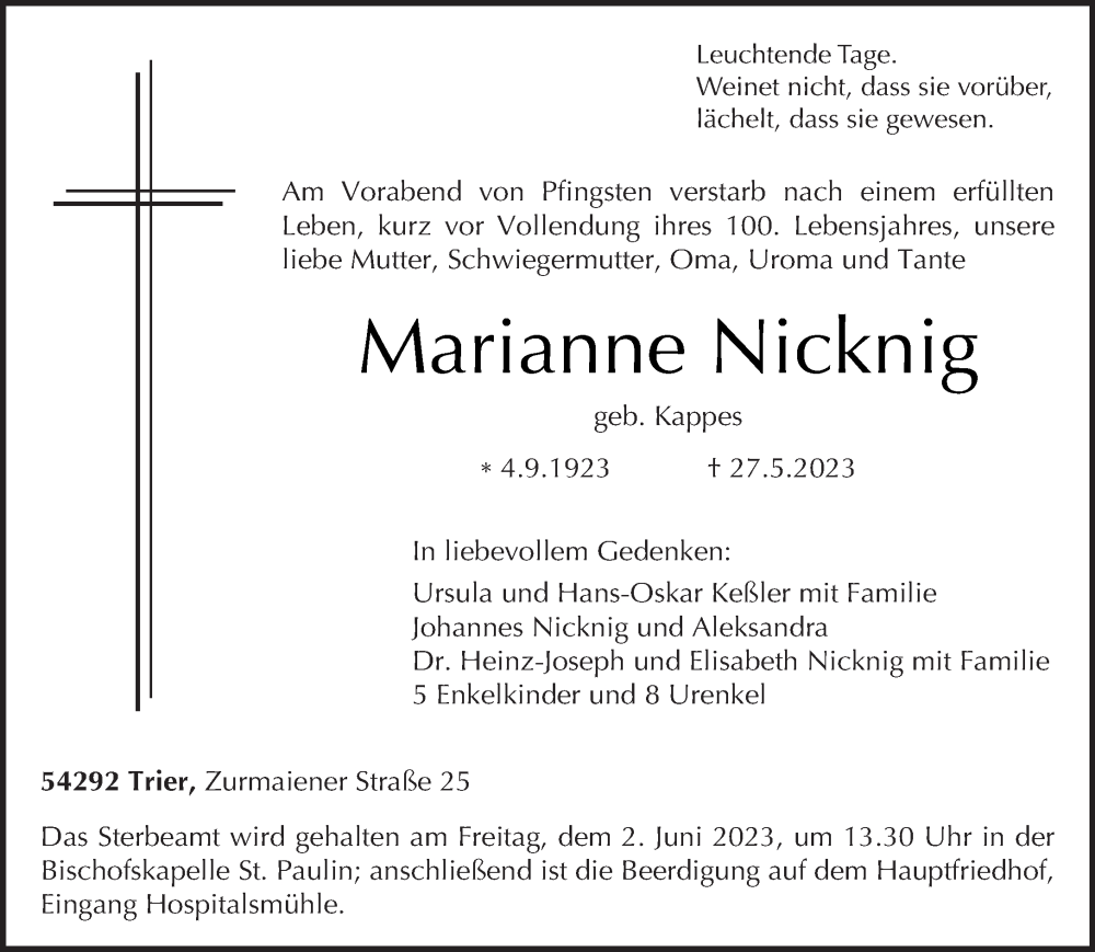  Traueranzeige für Marianne Nicknig vom 31.05.2023 aus trierischer_volksfreund