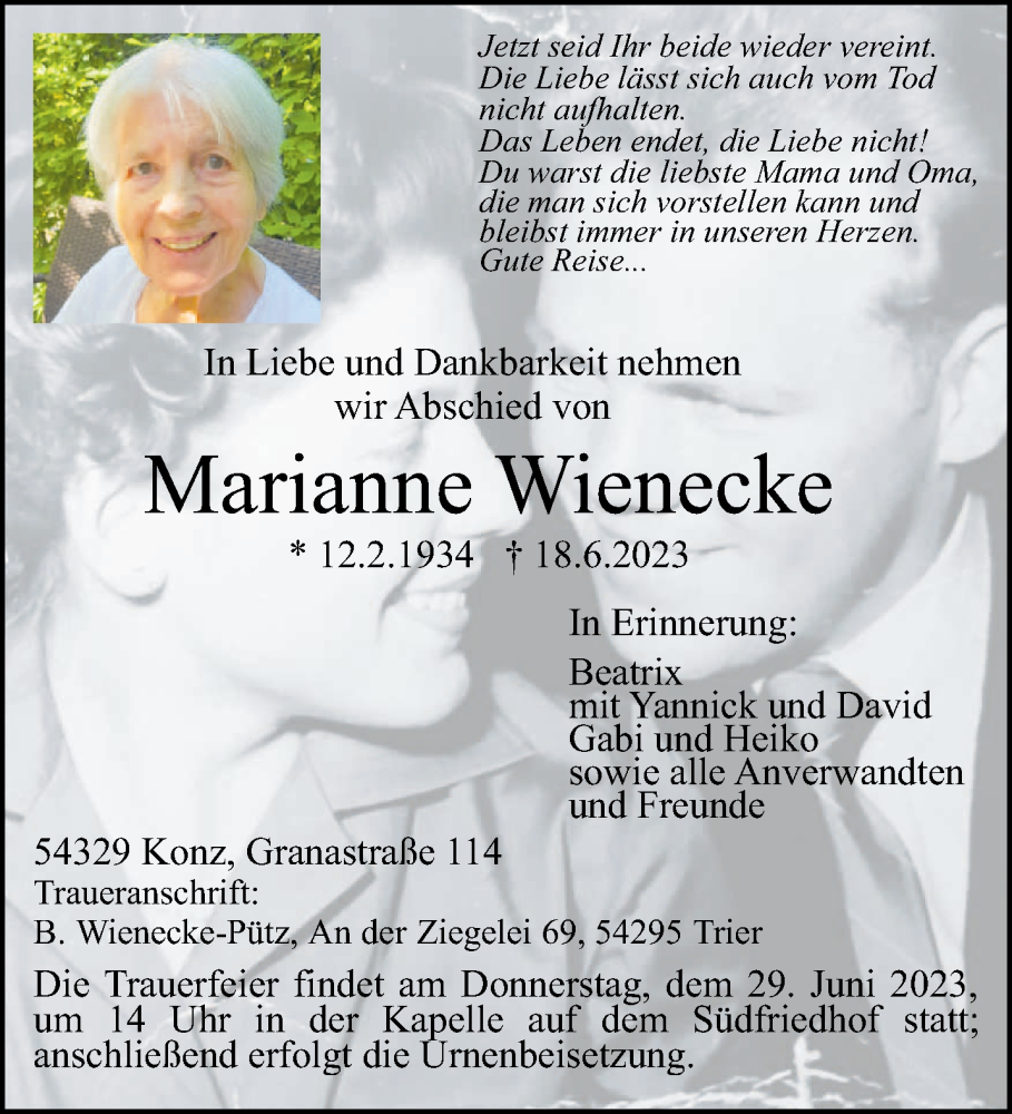  Traueranzeige für Marianne Wienecke vom 24.06.2023 aus trierischer_volksfreund
