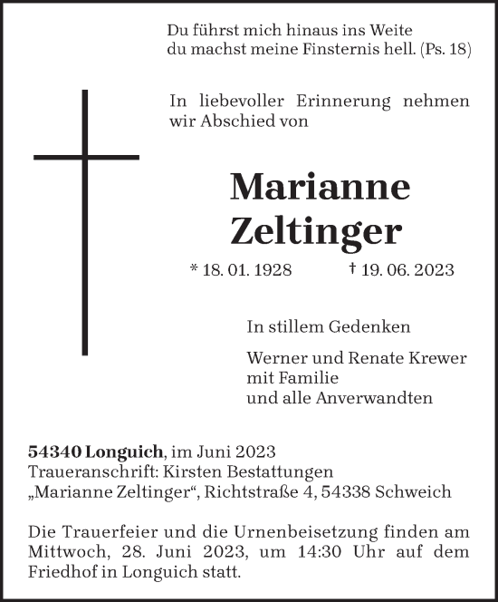 Traueranzeige von Marianne Zeltinger von trierischer_volksfreund