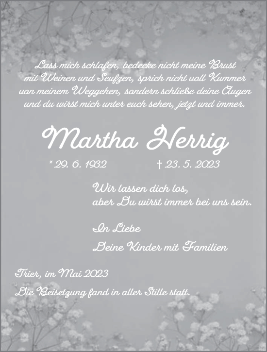 Traueranzeige von Martha Herrig von trierischer_volksfreund