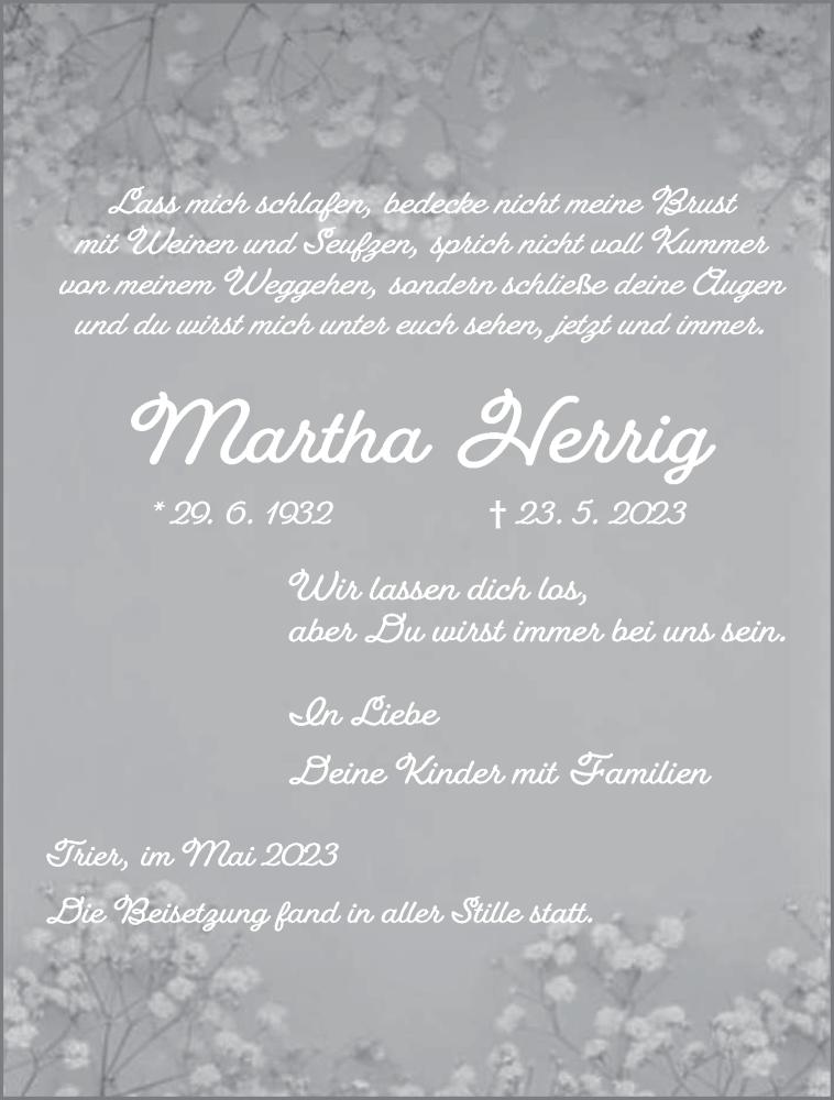  Traueranzeige für Martha Herrig vom 03.06.2023 aus trierischer_volksfreund