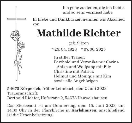 Traueranzeige von Mathilde Richter von trierischer_volksfreund