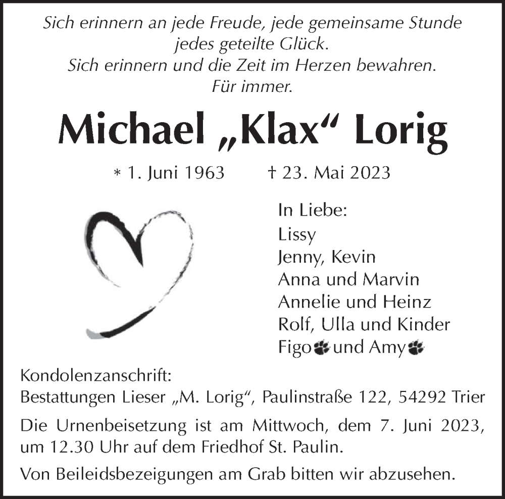  Traueranzeige für Michael Lorig vom 03.06.2023 aus trierischer_volksfreund
