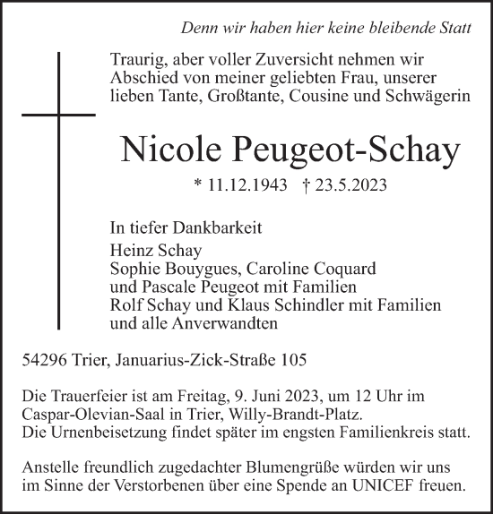 Traueranzeige von Nicole Peugeot-Schay von trierischer_volksfreund