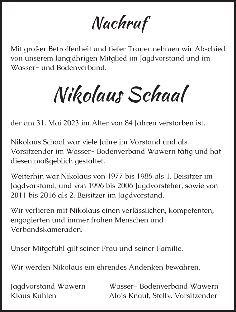  Traueranzeige für Nikolaus Schaal vom 03.06.2023 aus trierischer_volksfreund