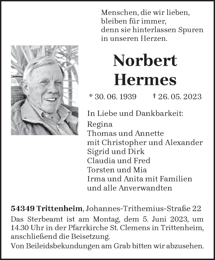  Traueranzeige für Norbert Hermes vom 02.06.2023 aus trierischer_volksfreund