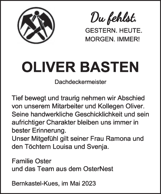 Traueranzeige von Oliver Basten von trierischer_volksfreund
