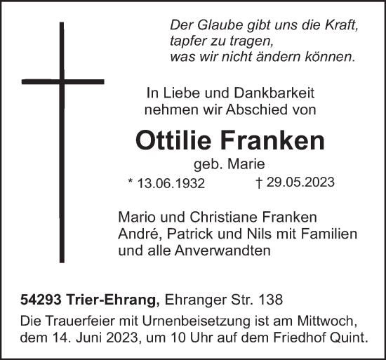 Traueranzeige von Ottilie Franken von trierischer_volksfreund