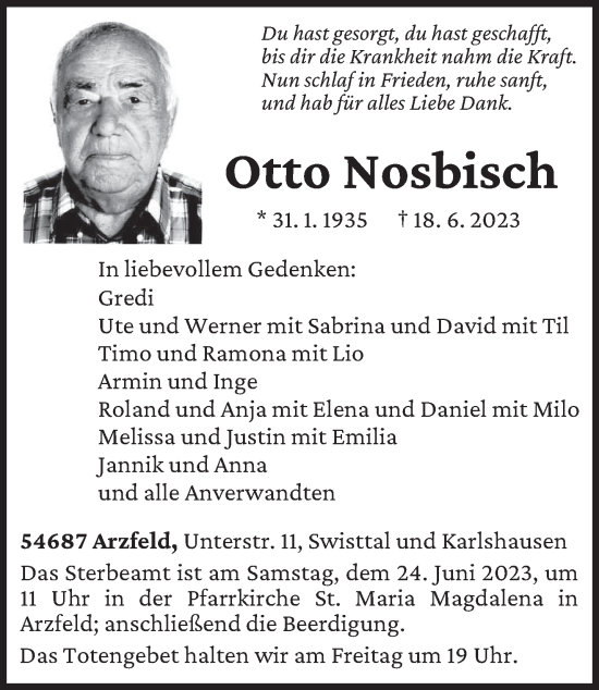 Traueranzeige von Otto Nosbisch von trierischer_volksfreund