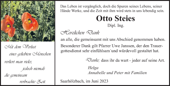 Traueranzeige von Otto Steies von trierischer_volksfreund