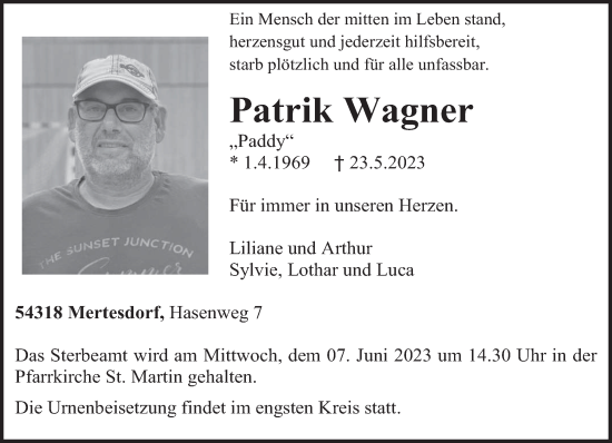Traueranzeige von Patrik Wagner von trierischer_volksfreund