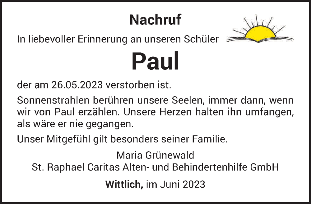  Traueranzeige für Paul  vom 07.06.2023 aus trierischer_volksfreund