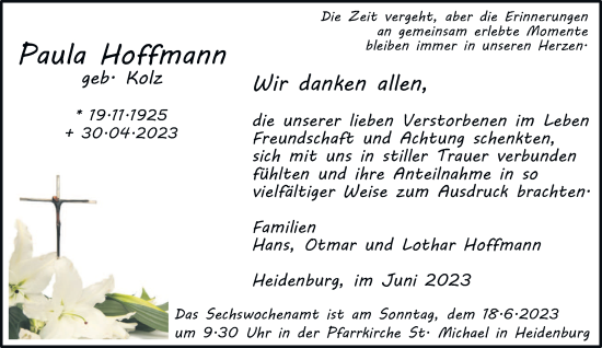 Traueranzeige von Paula Hoffmann von trierischer_volksfreund