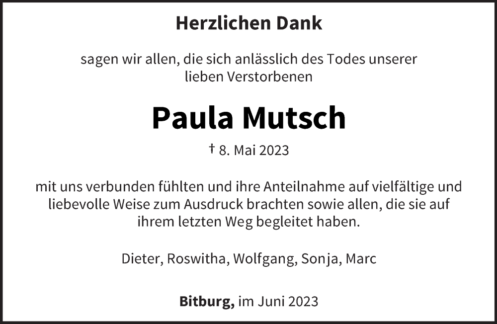  Traueranzeige für Paula Mutsch vom 17.06.2023 aus trierischer_volksfreund