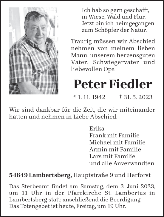 Traueranzeige von Peter Fiedler von trierischer_volksfreund