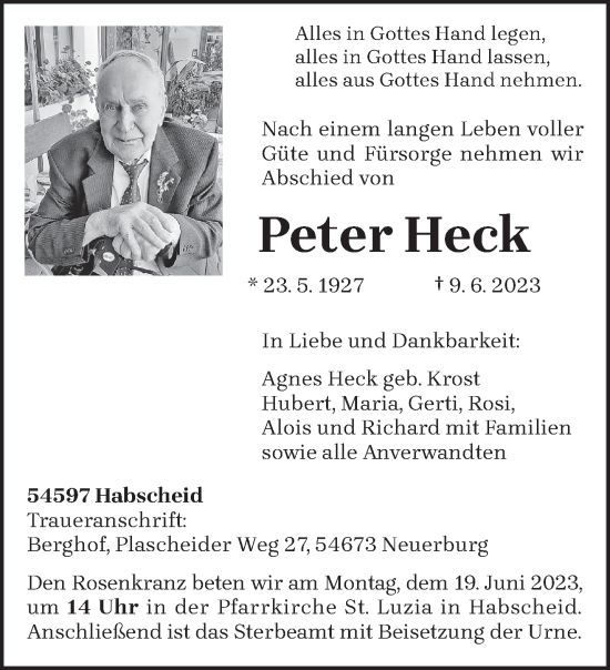 Traueranzeige von Peter Heck von trierischer_volksfreund