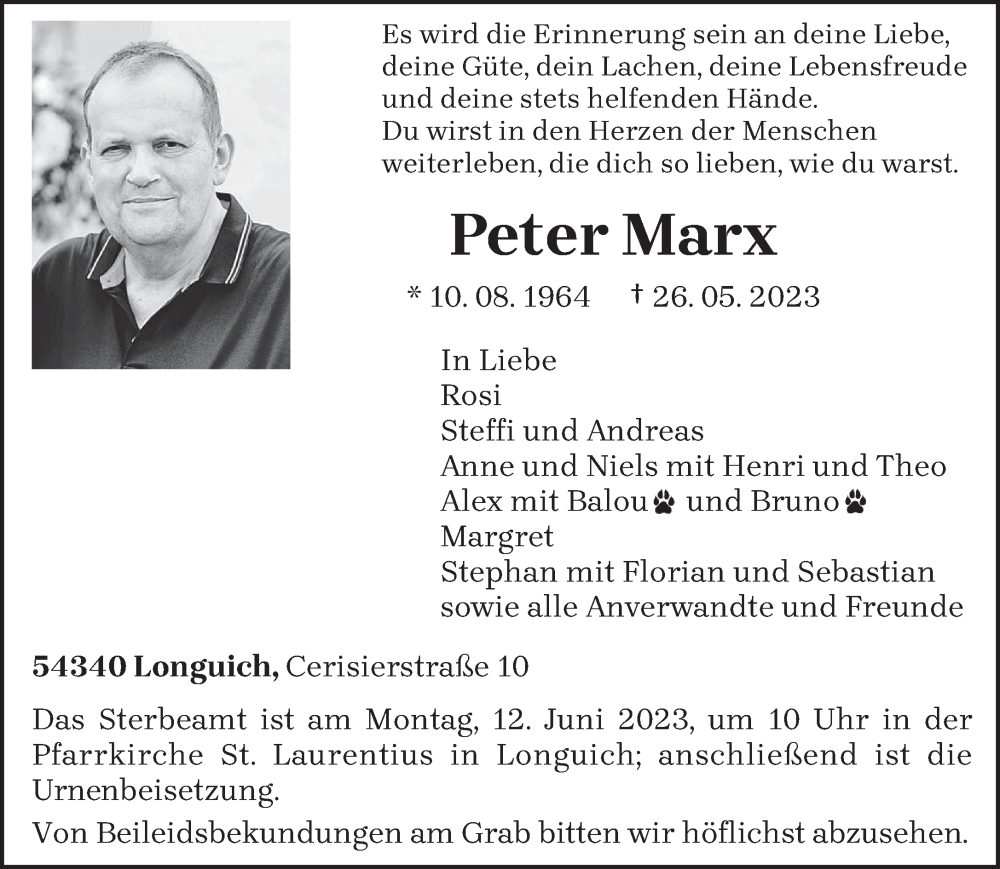  Traueranzeige für Peter Marx vom 03.06.2023 aus trierischer_volksfreund