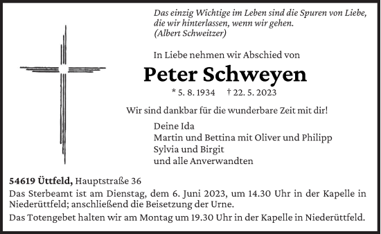 Traueranzeige von Peter Schweyen von trierischer_volksfreund