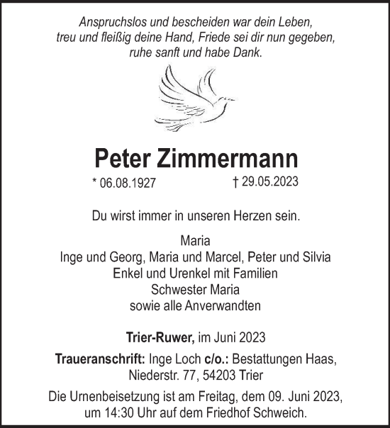 Traueranzeige von Peter Zimmermann von trierischer_volksfreund