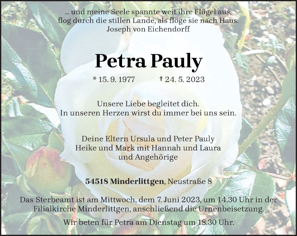  Traueranzeige für Petra Pauly vom 31.05.2023 aus trierischer_volksfreund