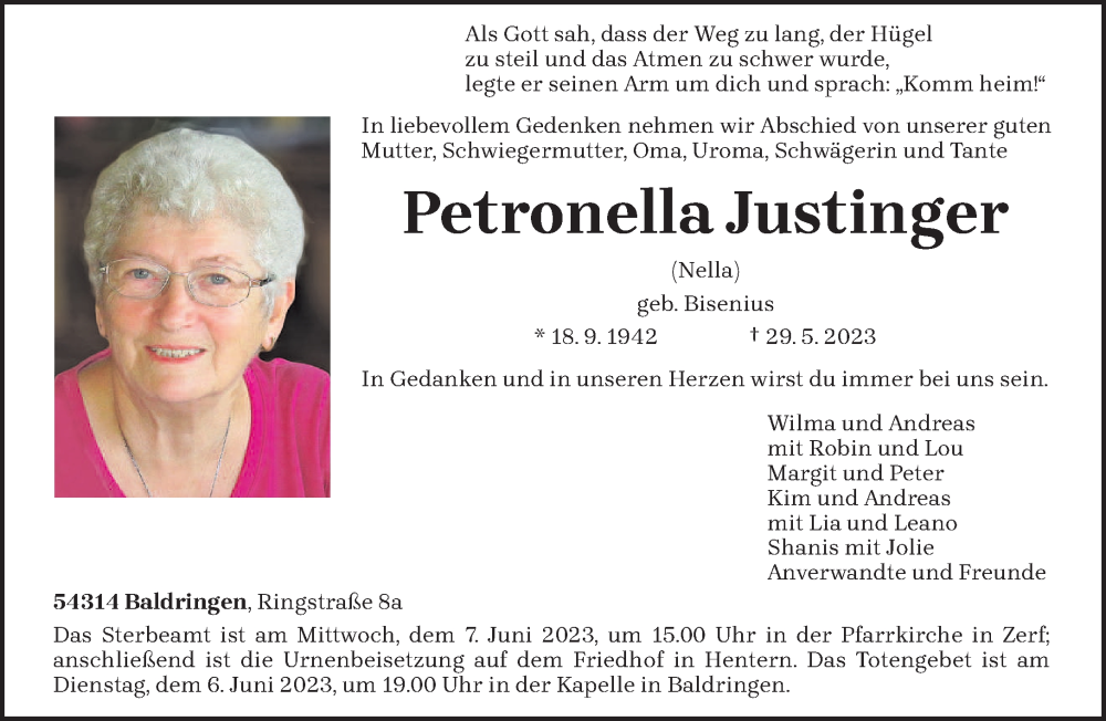  Traueranzeige für Petronella Justinger vom 03.06.2023 aus trierischer_volksfreund