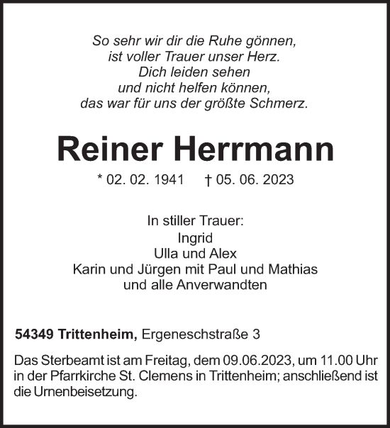 Traueranzeige von Reiner Herrmann von trierischer_volksfreund