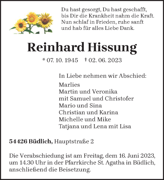 Traueranzeige von Reinhard Hissung von trierischer_volksfreund