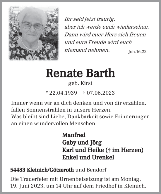 Traueranzeige von Renate Barth von trierischer_volksfreund