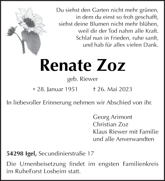 Traueranzeige von Renate Zoz von trierischer_volksfreund