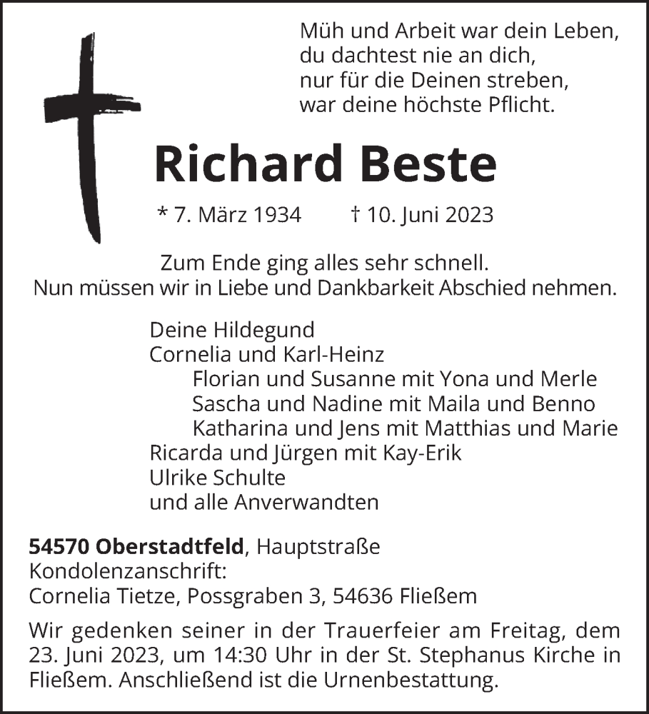  Traueranzeige für Richard Beste vom 14.06.2023 aus trierischer_volksfreund