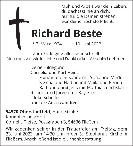 Traueranzeige von Richard Beste von trierischer_volksfreund